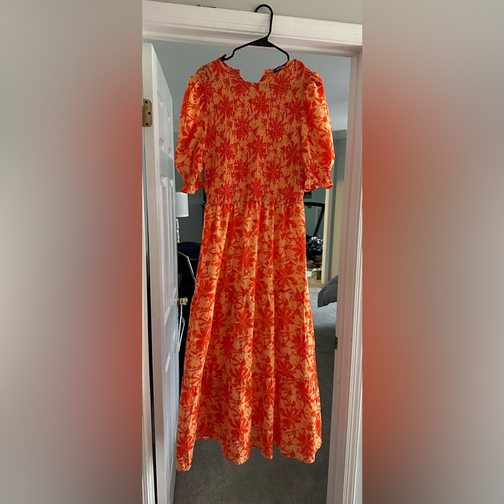 Orange & Red Floral Puff Sleeve Midi Dress